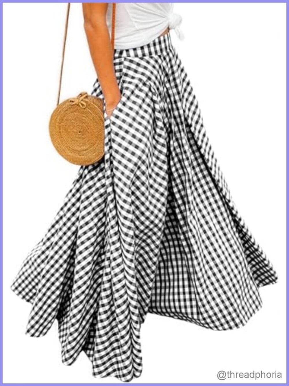High Waisted Flowy A-Line Maxi Skirt Vintage Gingham Ruffled Pleated Pockets